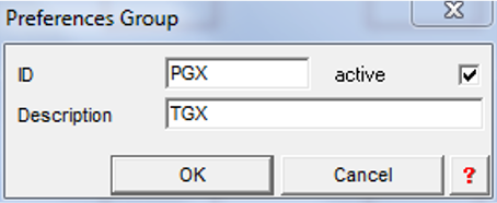 Hộp thoại Preferences Group với ID PGX và mô tả TGX