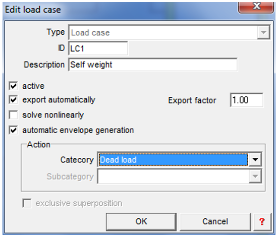 Hộp thoại 'Edit load case' trong phần mềm phân tích kết cấu, thiết lập thông số tải trọng với ID 'LC1', mô tả 'Self weight', thuộc danh mục 'Dead load'.