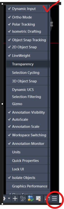 Menu cài đặt trong AutoCAD với Dynamic Input được bật (có dấu tick). Menu được mở từ biểu tượng ba gạch ngang ở góc dưới bên phải.