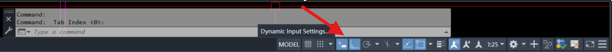Giao diện AutoCAD với con trỏ chuột đang chỉ vào biểu tượng Dynamic Input Settings trên thanh công cụ, hiển thị tooltip.
