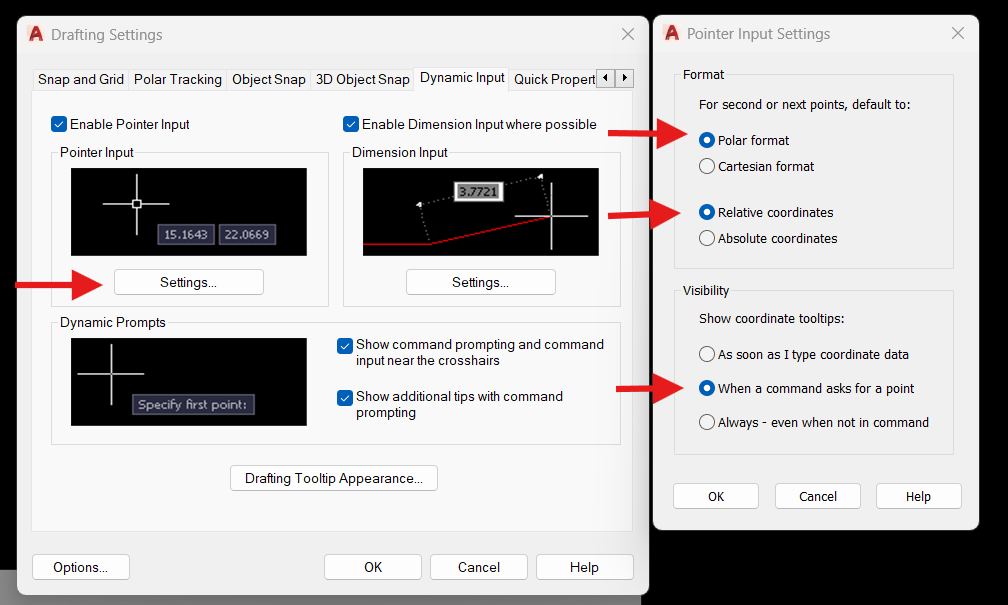 Cửa sổ cài đặt Drafting Settings trong AutoCAD, hiển thị các tùy chọn Dynamic Input. Một hộp thoại Pointer Input Settings được mở, với các tùy chọn định dạng tọa độ (Polar format, Cartesian format) và hiển thị tooltip tọa độ. Các mũi tên đỏ chỉ ra các nút Settings, Polar format và When a command asks for a point.