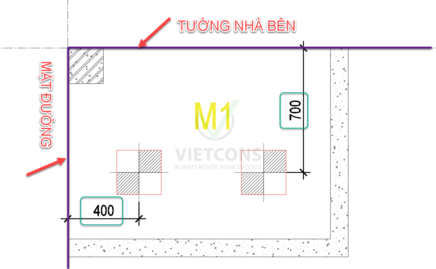 Bản vẽ bố trí móng M1 gần tường nhà bên và mặt đường - Vietcons