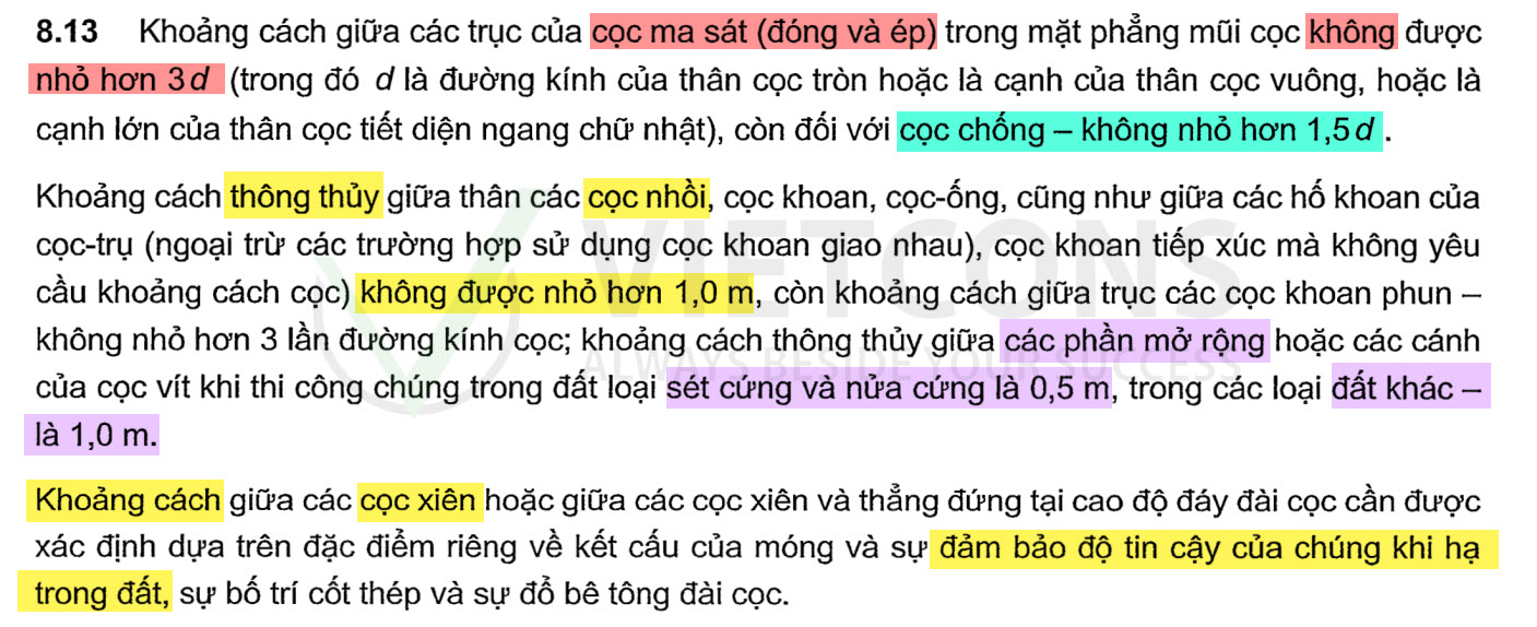 Khoảng cách tim cọc theo TCVN 10304:2025