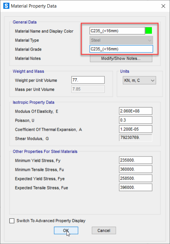 Bảng thông số vật liệu thép S235 theo TCVN 5575:2024 trong phần mềm SAP2000