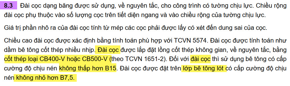 Cấp độ bền bê tông và cốt thép tối thiểu cho đài cọc theo TCVN 10304:2025