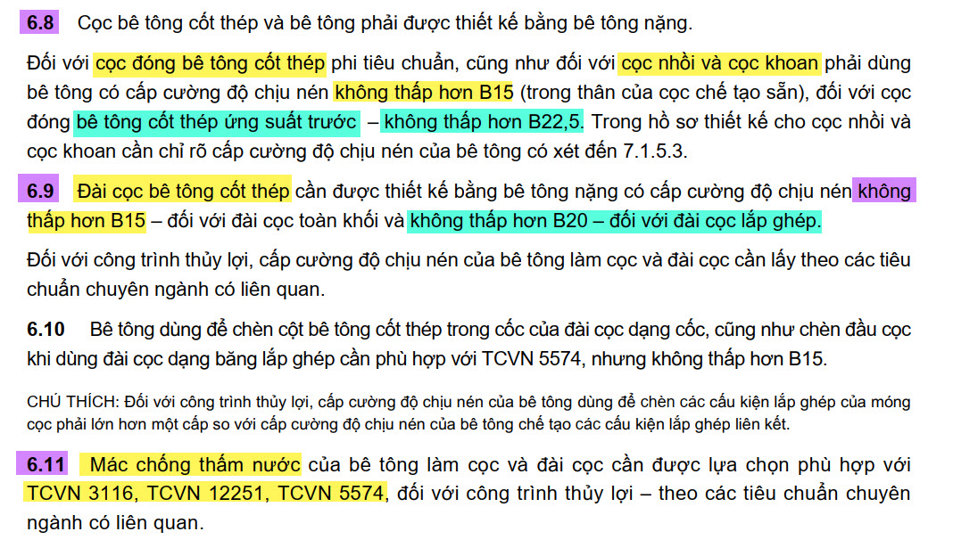 Cấp độ bền tối thiểu cọc và đài cọc theo TCVN 10304:2025